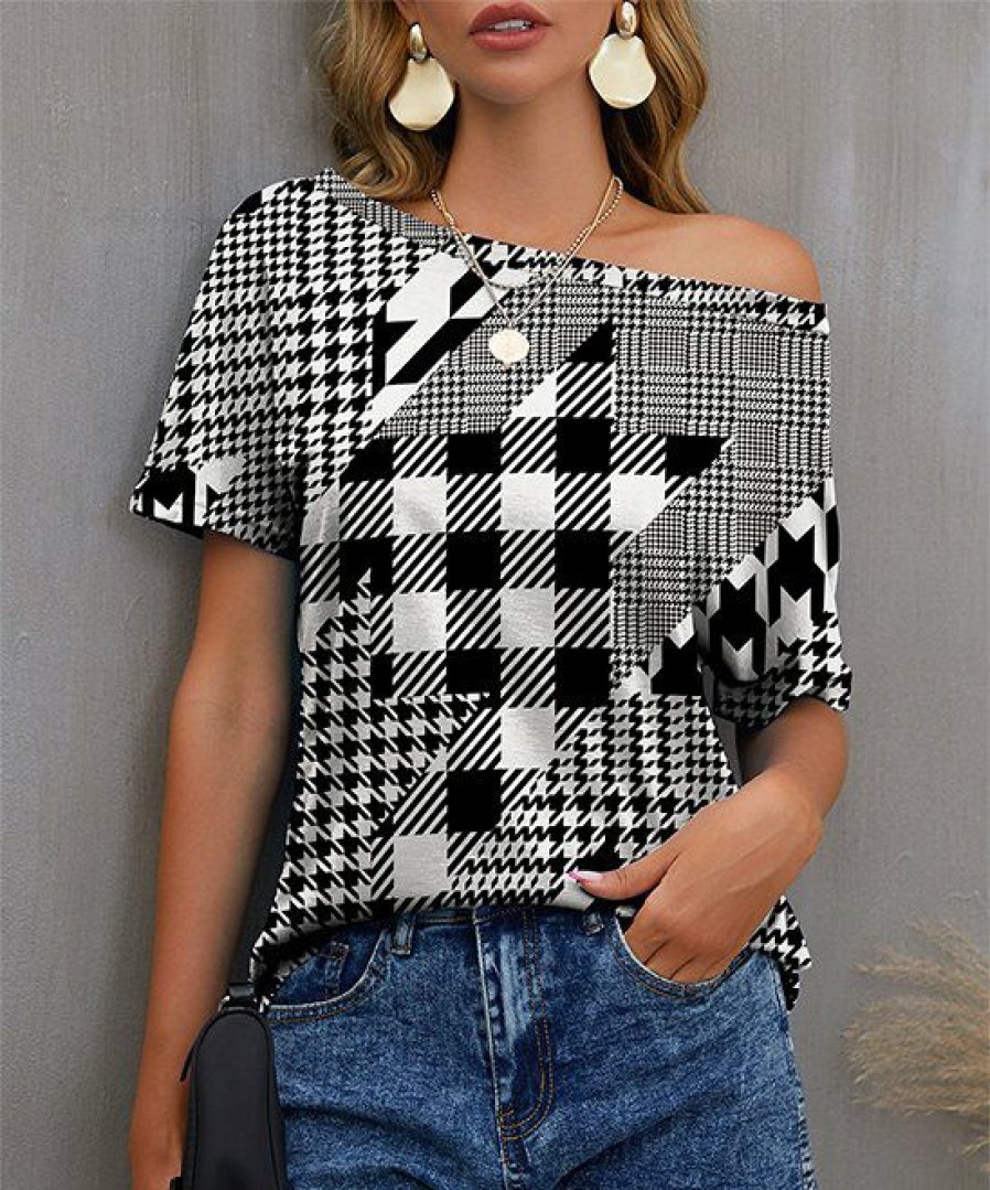 Womens Plus * | Wholesale Izuria Black & White Houndstooth Plaid Boatneck Tee Women