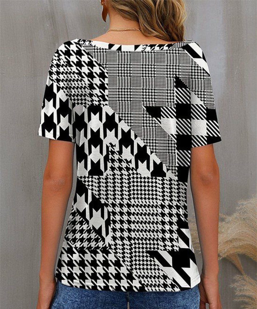 Womens Plus * | Wholesale Izuria Black & White Houndstooth Plaid Boatneck Tee Women