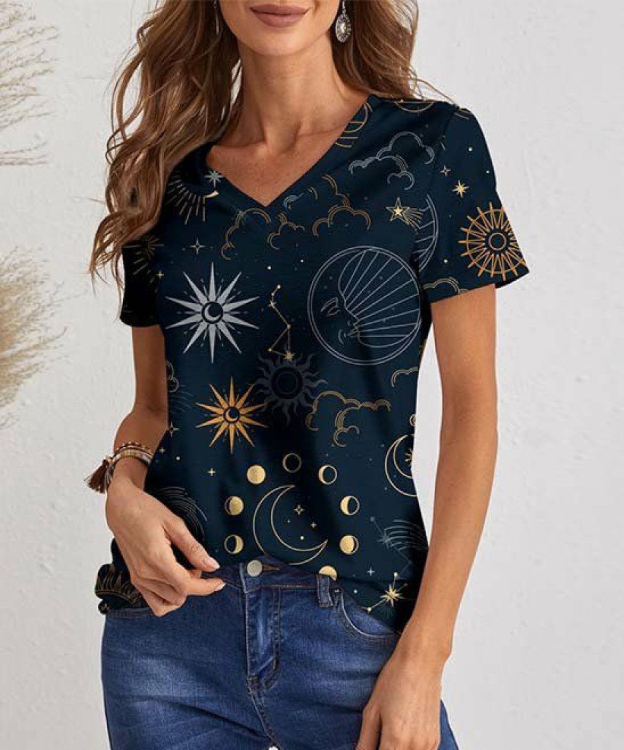 Womens Plus * | New Izuria Navy Sun Moon Short-Sleeve V-Neck Top Women