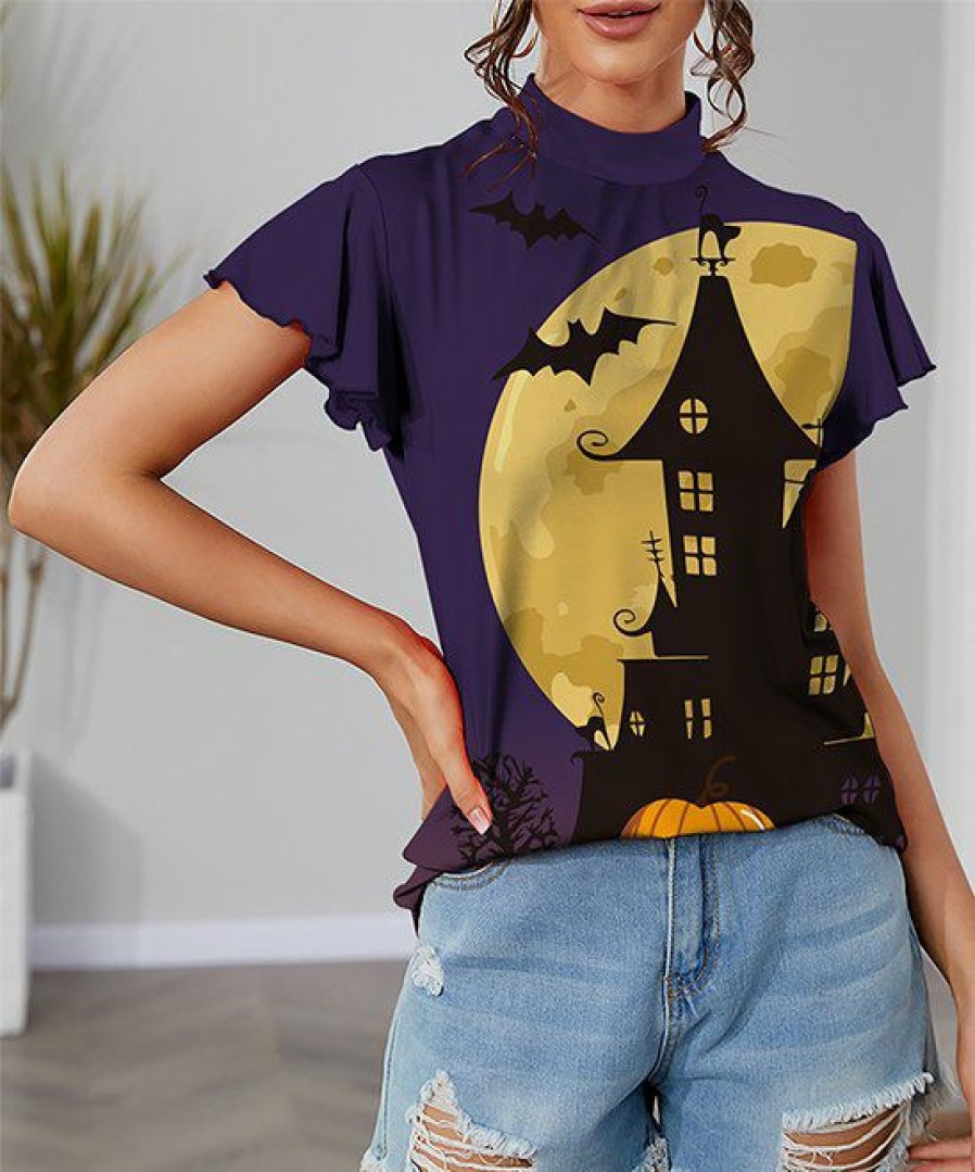 Womens Plus * | Budget Izuria Purple & Yellow Haunted House Mock Neck Flutter-Sleeve Top Women & Plus