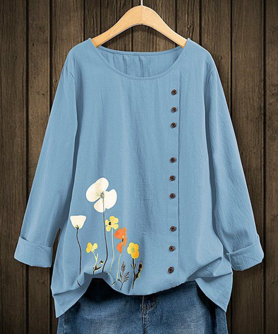 Womens Plus * | Buy Izuria Sky Blue Floral Side-Button Long-Sleeve Top Women