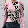 Womens Plus * | Cheapest Izuria Pink & Black Leopard Floral Mutton Sleeve Crewneck Top Women & Plus