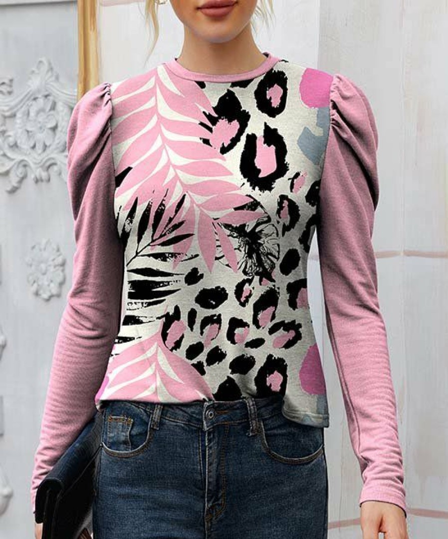 Womens Plus * | Cheapest Izuria Pink & Black Leopard Floral Mutton Sleeve Crewneck Top Women & Plus