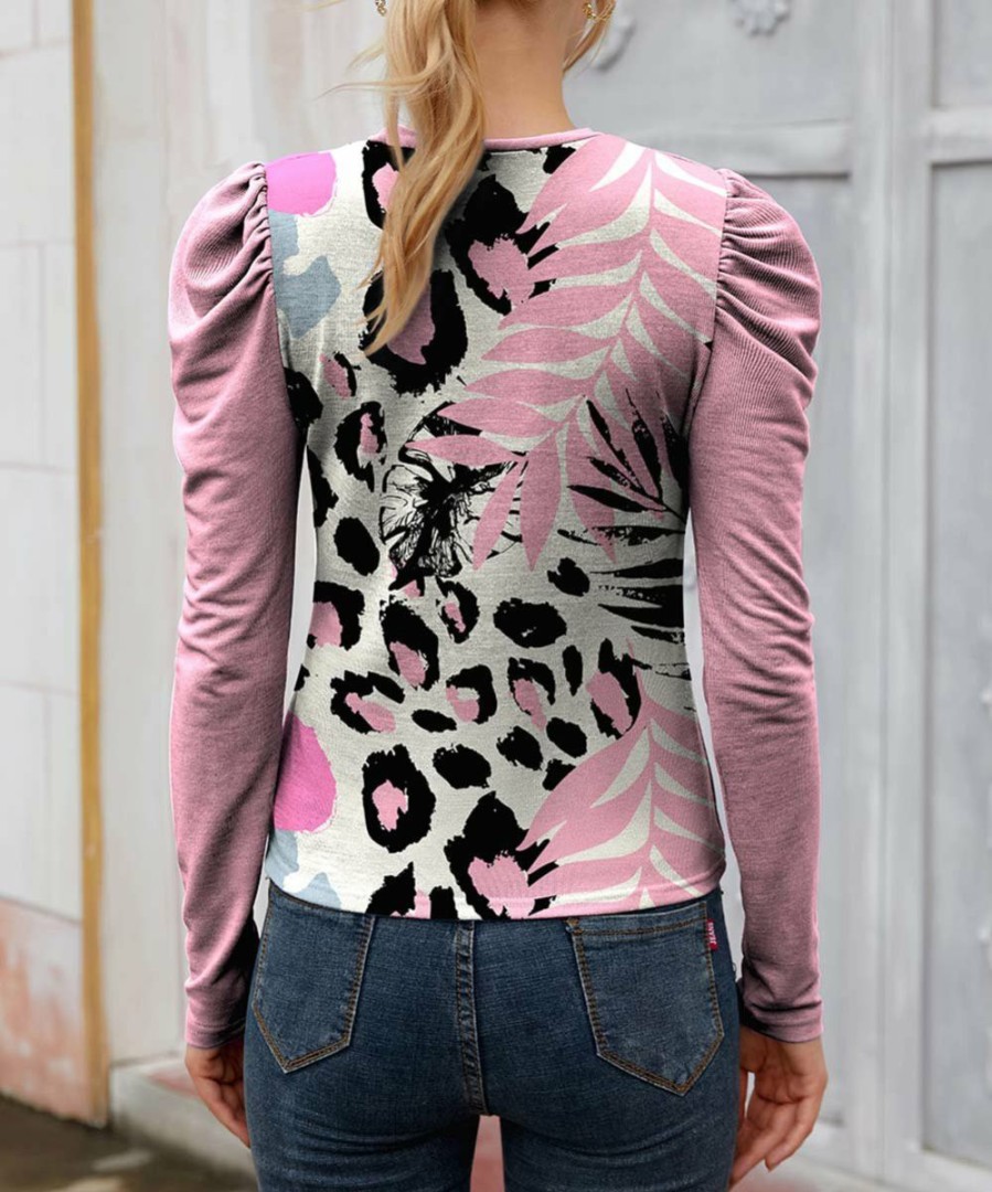 Womens Plus * | Cheapest Izuria Pink & Black Leopard Floral Mutton Sleeve Crewneck Top Women & Plus