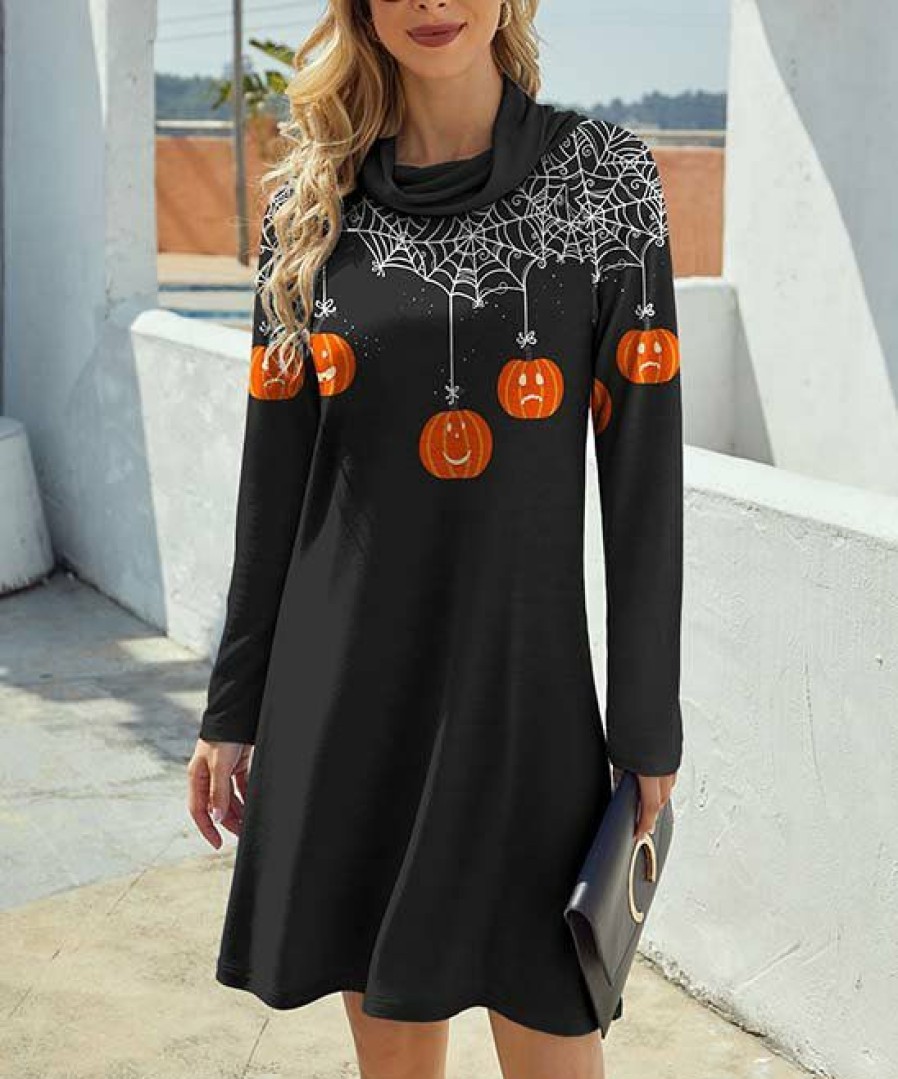 Womens Plus * | Promo Izuria Black & Orange Pumpkin Spider Web Long-Sleeve Cowl Neck Shift Dress Women & Plus