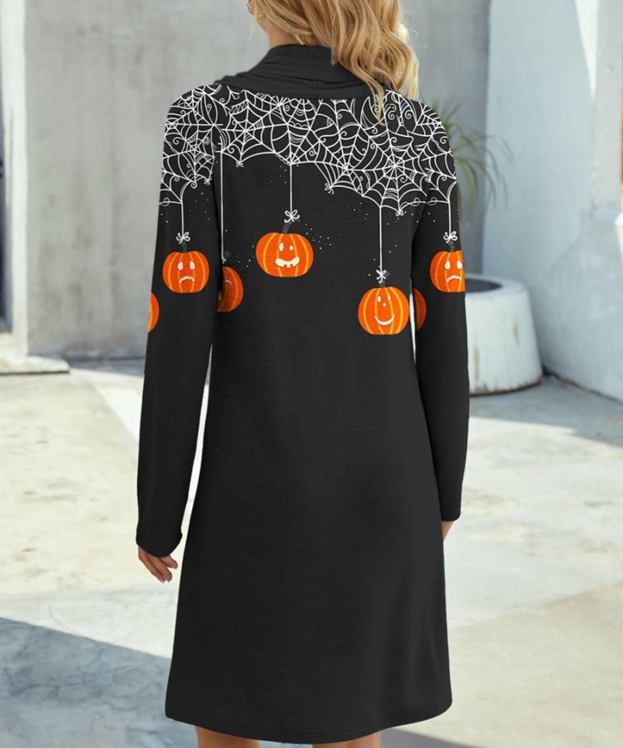 Womens Plus * | Promo Izuria Black & Orange Pumpkin Spider Web Long-Sleeve Cowl Neck Shift Dress Women & Plus