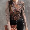 Women * | Top 10 Izuria Red Bean & Blue Floral Button-Accent Mutton-Sleeve Top Women