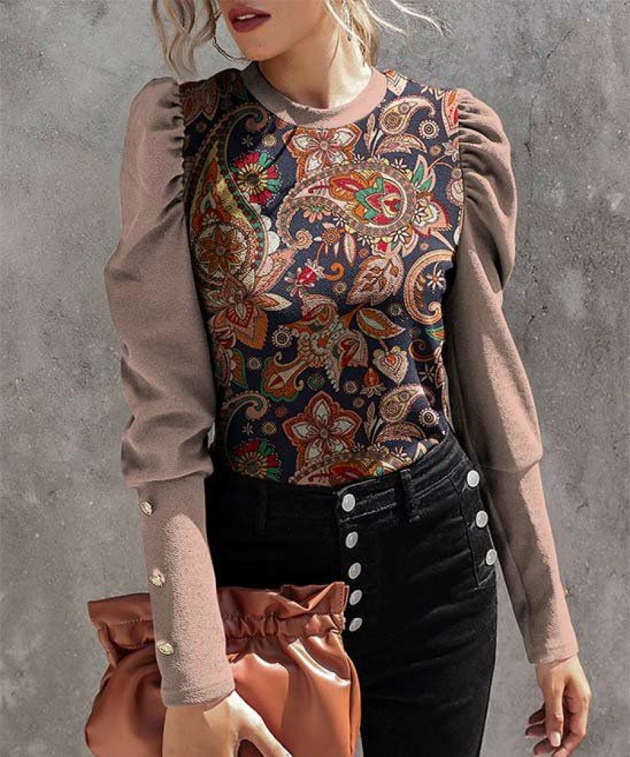 Women * | Top 10 Izuria Red Bean & Blue Floral Button-Accent Mutton-Sleeve Top Women