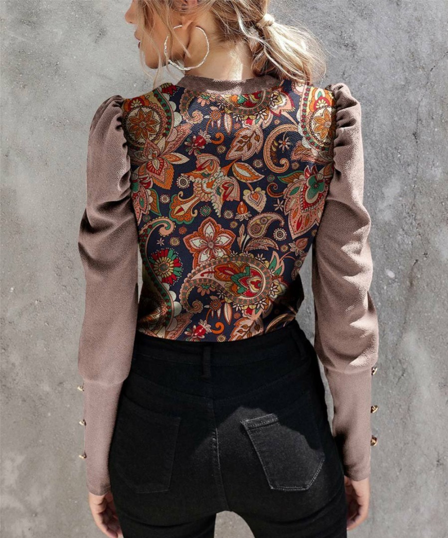 Women * | Top 10 Izuria Red Bean & Blue Floral Button-Accent Mutton-Sleeve Top Women