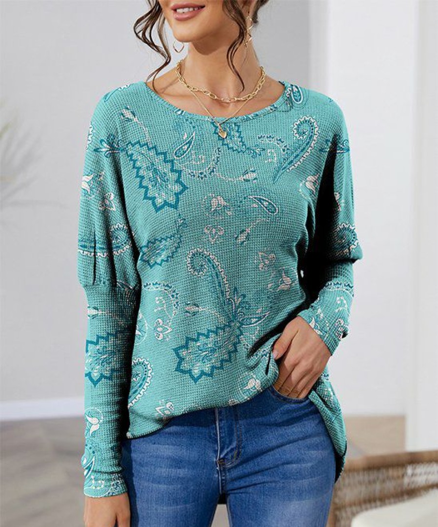 Womens Plus * | Brand New Izuria Aqua & White Paisley Waffle-Knit Balloon-Sleeve Tunic Plus