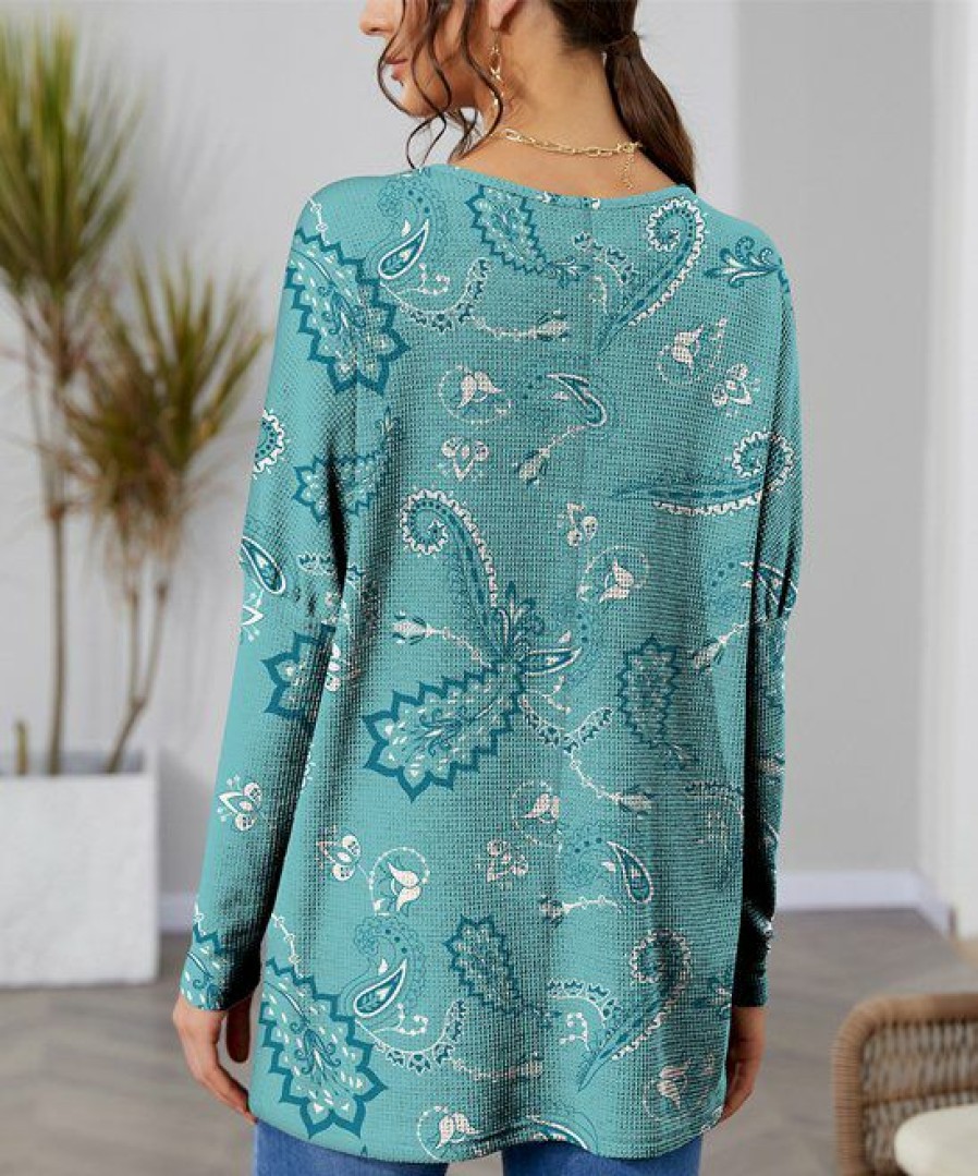 Womens Plus * | Brand New Izuria Aqua & White Paisley Waffle-Knit Balloon-Sleeve Tunic Plus