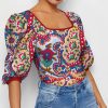 Women * | Deals Izuria Red & Blue Floral Square-Neck Puff-Sleeve Top Women