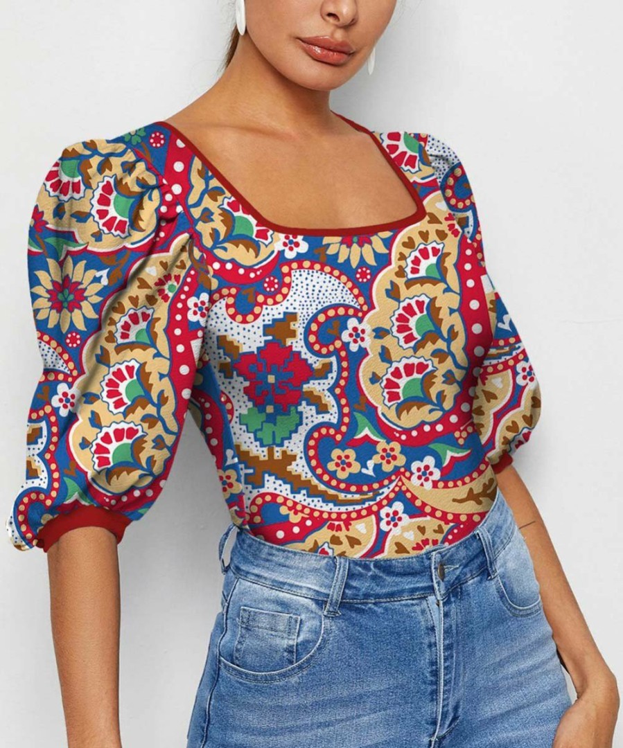 Women * | Deals Izuria Red & Blue Floral Square-Neck Puff-Sleeve Top Women