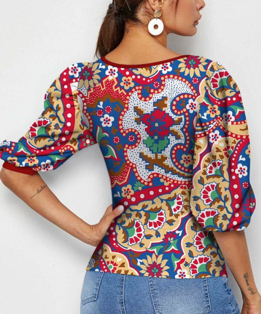 Women * | Deals Izuria Red & Blue Floral Square-Neck Puff-Sleeve Top Women