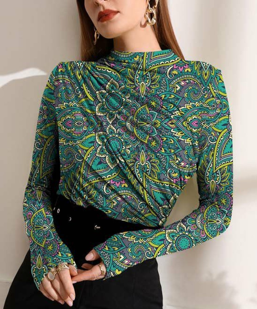 Women * | Best Pirce Izuria Green & Lime Floral Paisley-Accent Ruched-Front Long-Sleeve Top Women