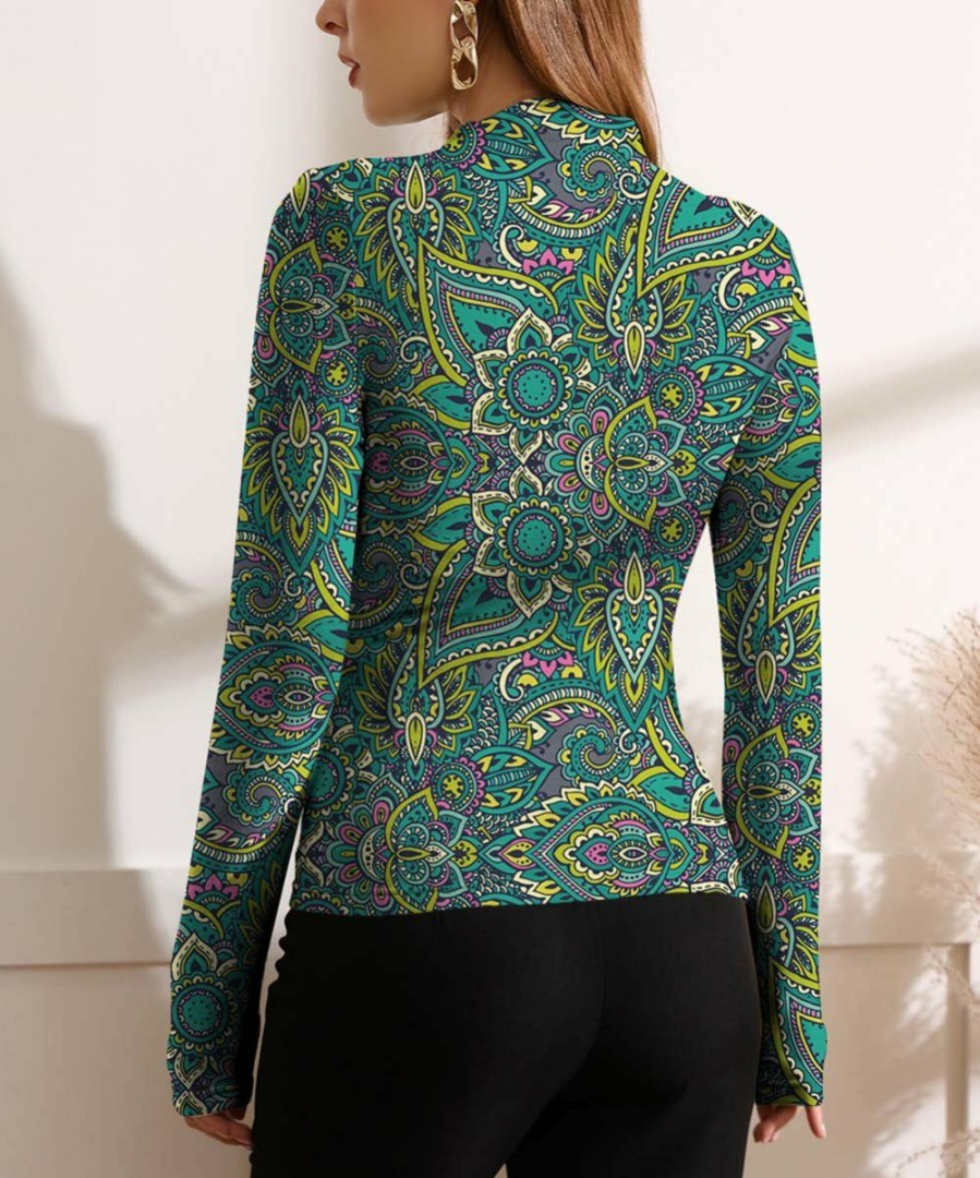 Women * | Best Pirce Izuria Green & Lime Floral Paisley-Accent Ruched-Front Long-Sleeve Top Women