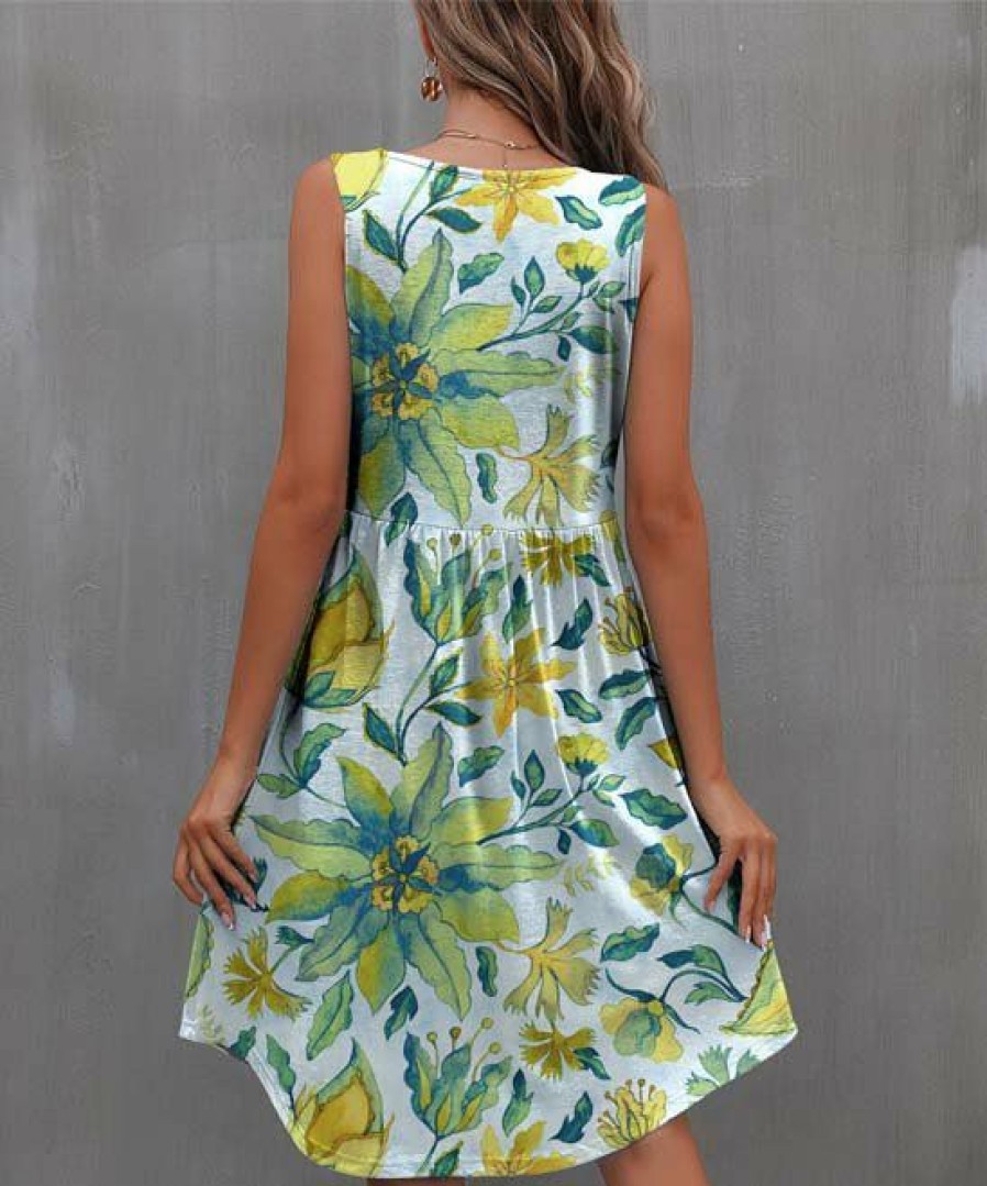 Womens Plus * | Coupon Izuria Blue & Yellow Floral Sleeveless Empire-Waist Dress Women