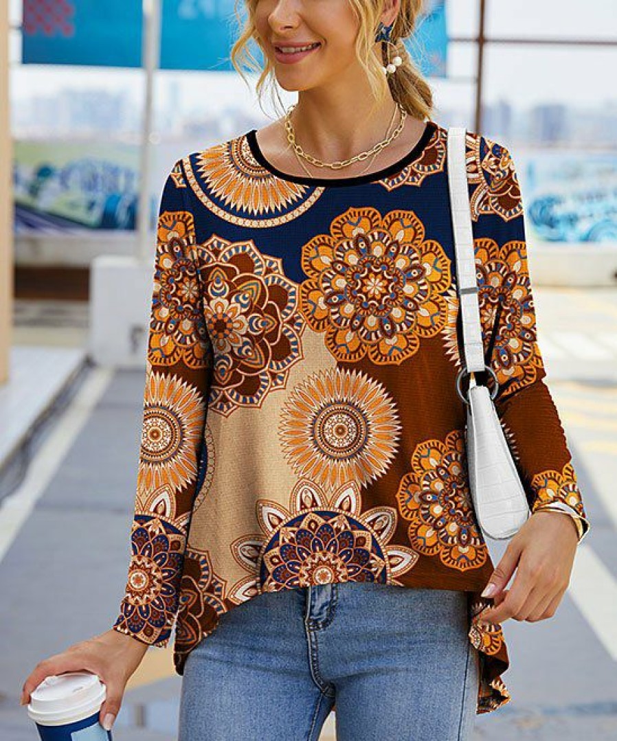 Womens Plus * | Hot Sale Izuria Brown & Yellow Mandala Hi-Low Long-Sleeve Tunic Women