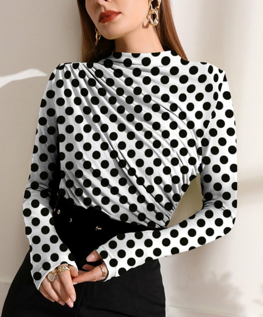 Women * | Best Pirce Izuria White & Black Polka Dot Ruched Long-Sleeve Top Women & Plus