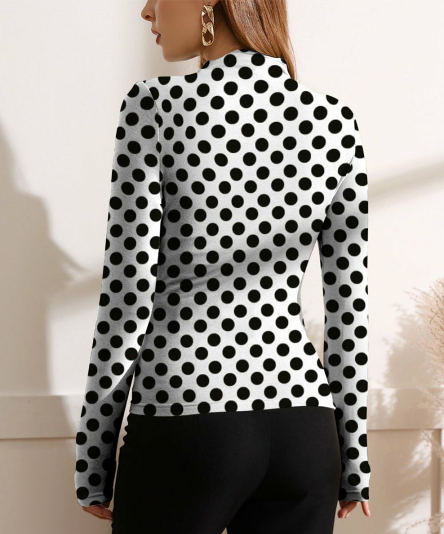 Women * | Best Pirce Izuria White & Black Polka Dot Ruched Long-Sleeve Top Women & Plus