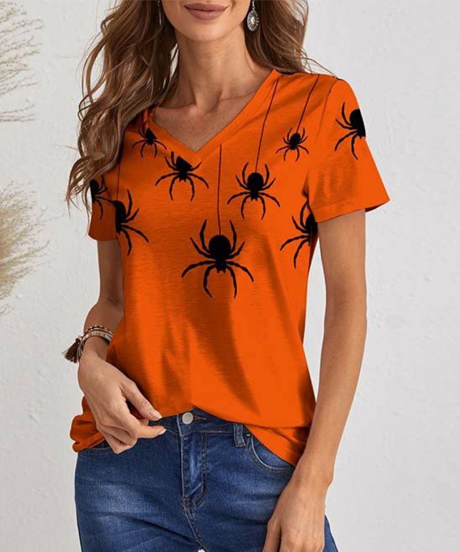 Women * | Outlet Izuria Orange & Black Spider Short-Sleeve V-Neck Top Women