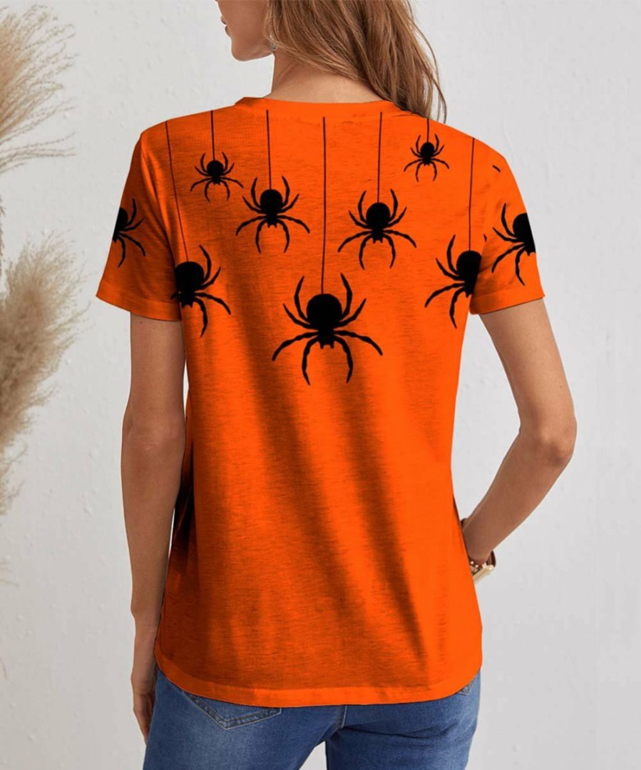 Women * | Outlet Izuria Orange & Black Spider Short-Sleeve V-Neck Top Women