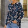 Women * | Budget Izuria Dark Blue Floral Long-Sleeve Curve-Hem Hi-Low Tunic Plus