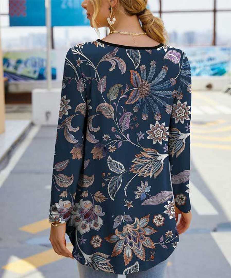 Women * | Budget Izuria Dark Blue Floral Long-Sleeve Curve-Hem Hi-Low Tunic Plus