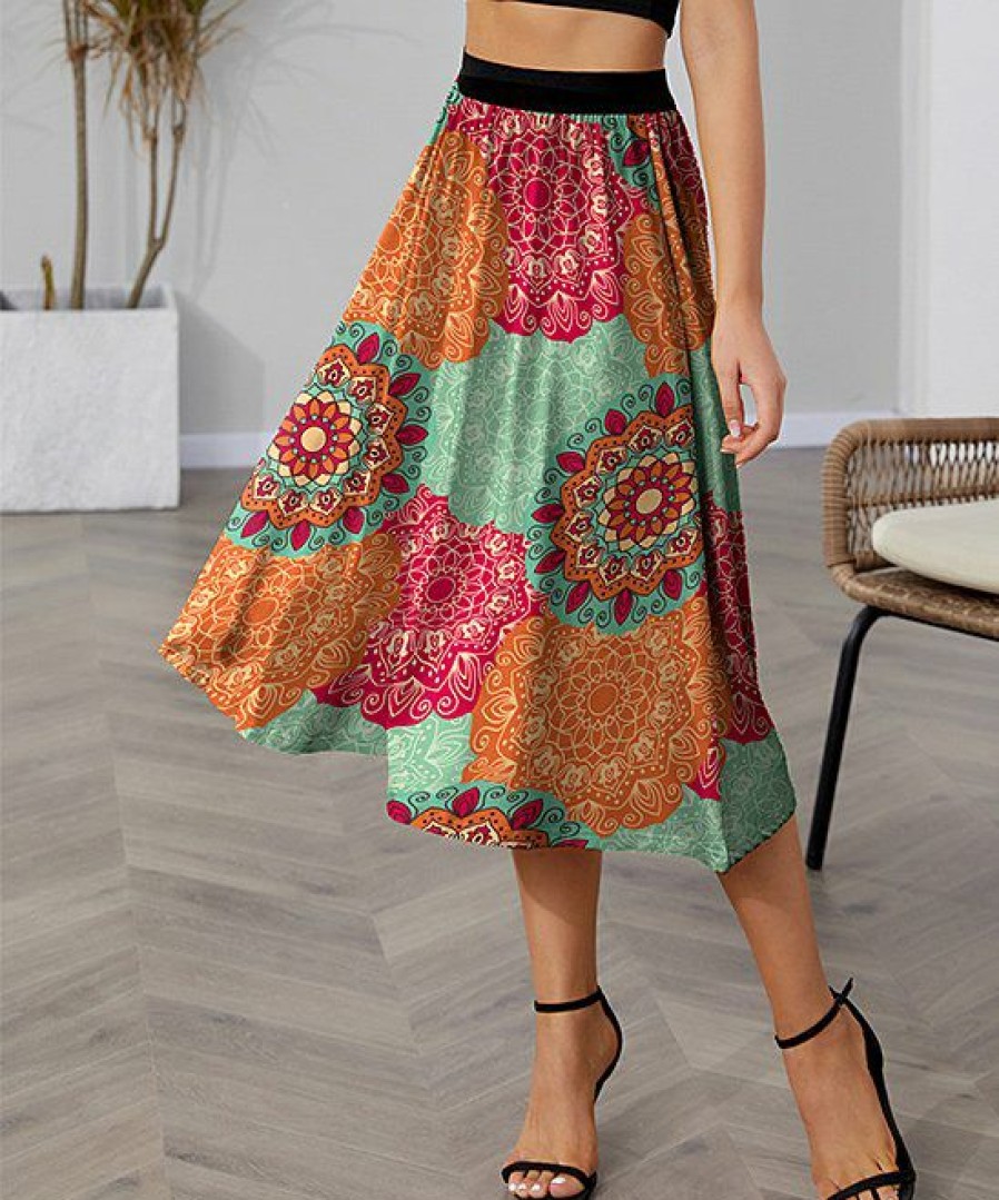 Women * | New Izuria Orange & Green Mandala Midi Skirt Women