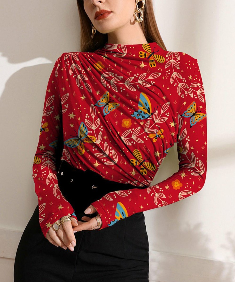 Womens Plus * | Best Sale Izuria Red & Blue Butterfly Floral Ruched-Front Long-Sleeve Top Plus