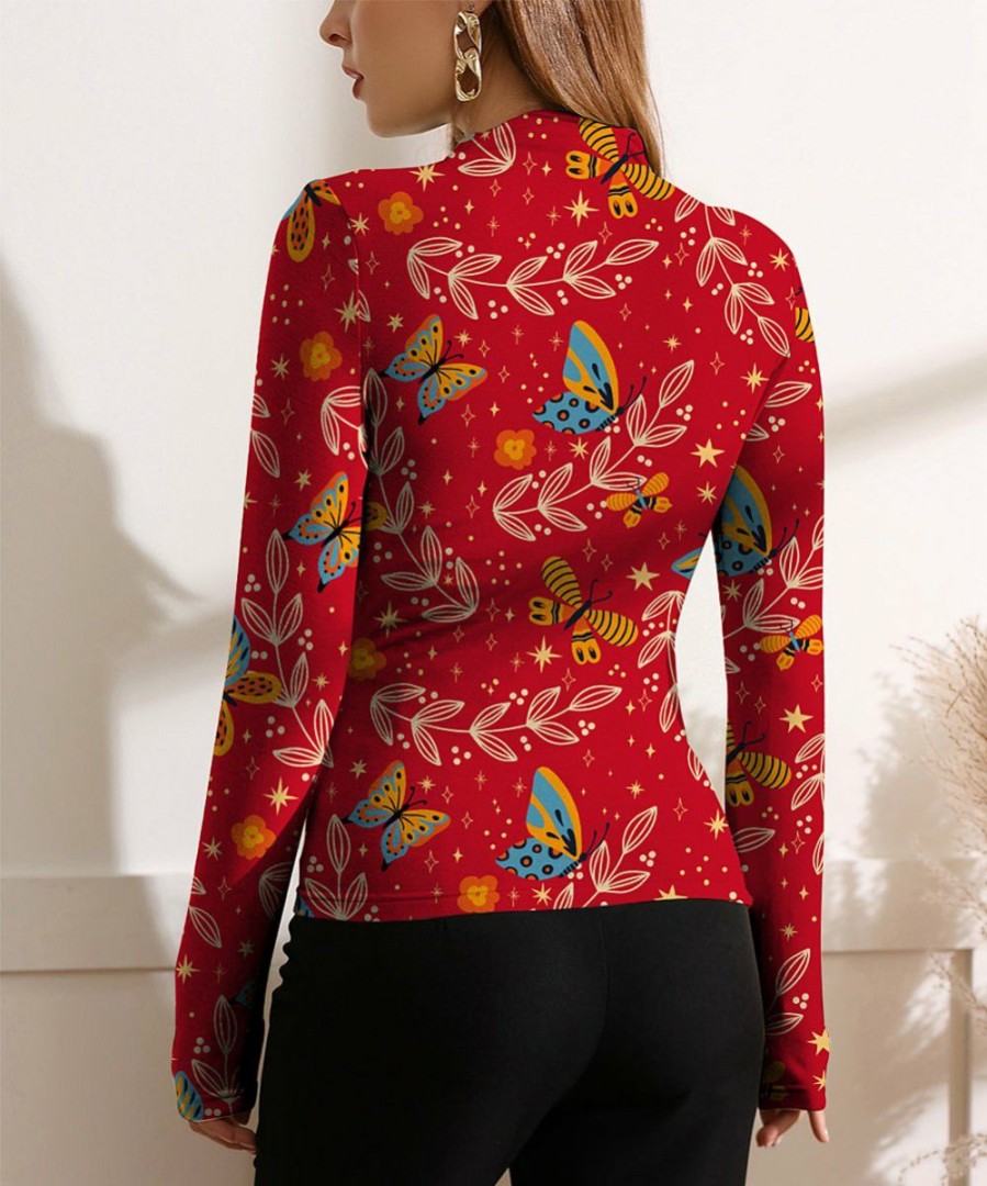 Womens Plus * | Best Sale Izuria Red & Blue Butterfly Floral Ruched-Front Long-Sleeve Top Plus