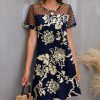 Women * | Hot Sale Izuria Navy & Sand Classic Floral Polka Dot Mesh-Accent Shift Dress Plus