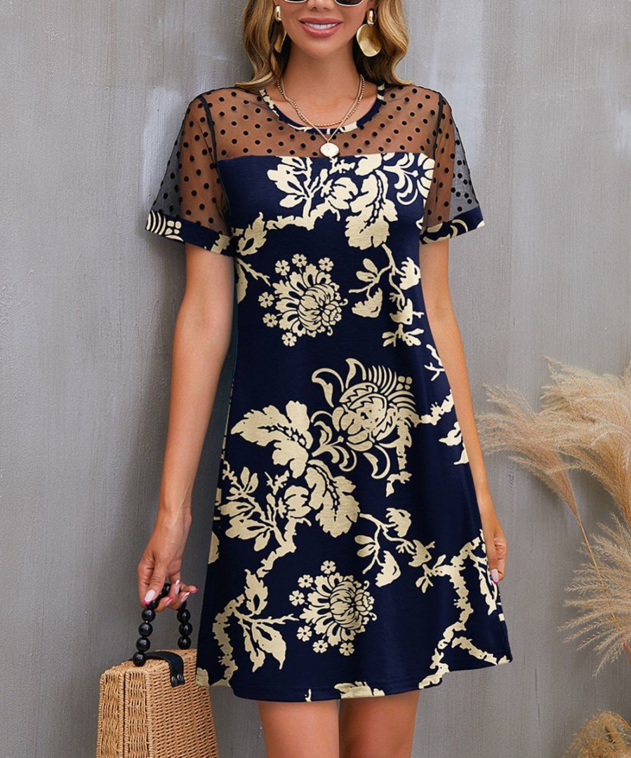 Women * | Hot Sale Izuria Navy & Sand Classic Floral Polka Dot Mesh-Accent Shift Dress Plus