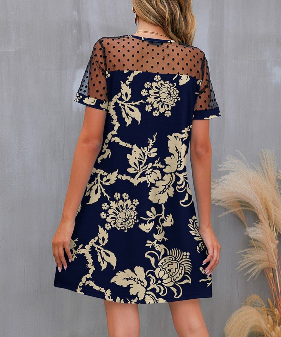 Women * | Hot Sale Izuria Navy & Sand Classic Floral Polka Dot Mesh-Accent Shift Dress Plus