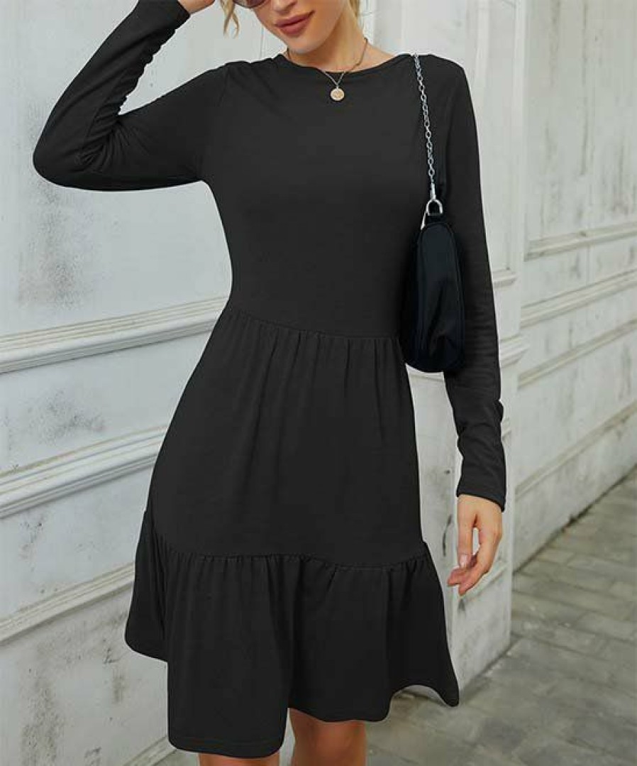 Women * | Best Deal Izuria Black Ruffle-Accent Long-Sleeve A-Line Dress Women