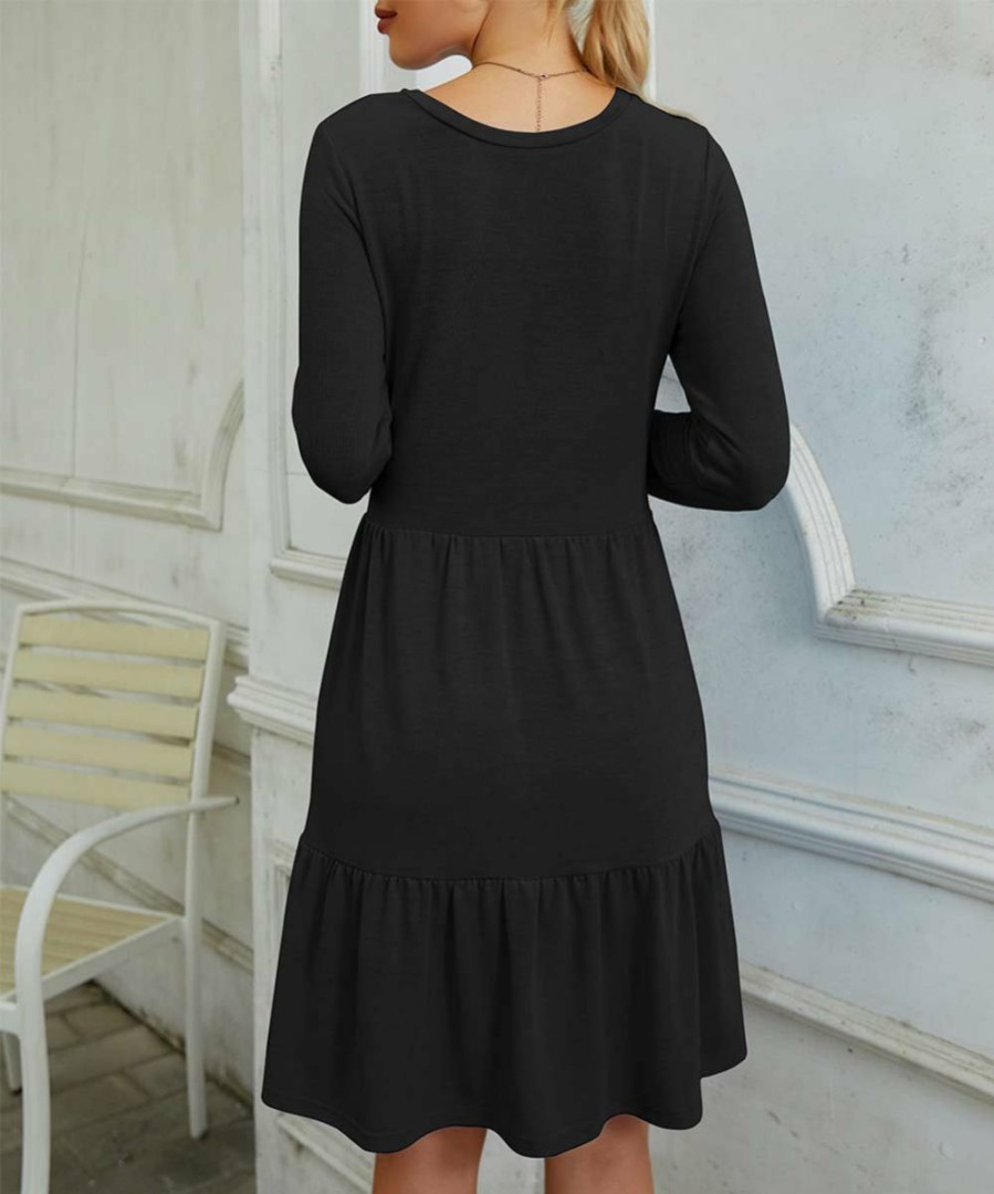 Women * | Best Deal Izuria Black Ruffle-Accent Long-Sleeve A-Line Dress Women