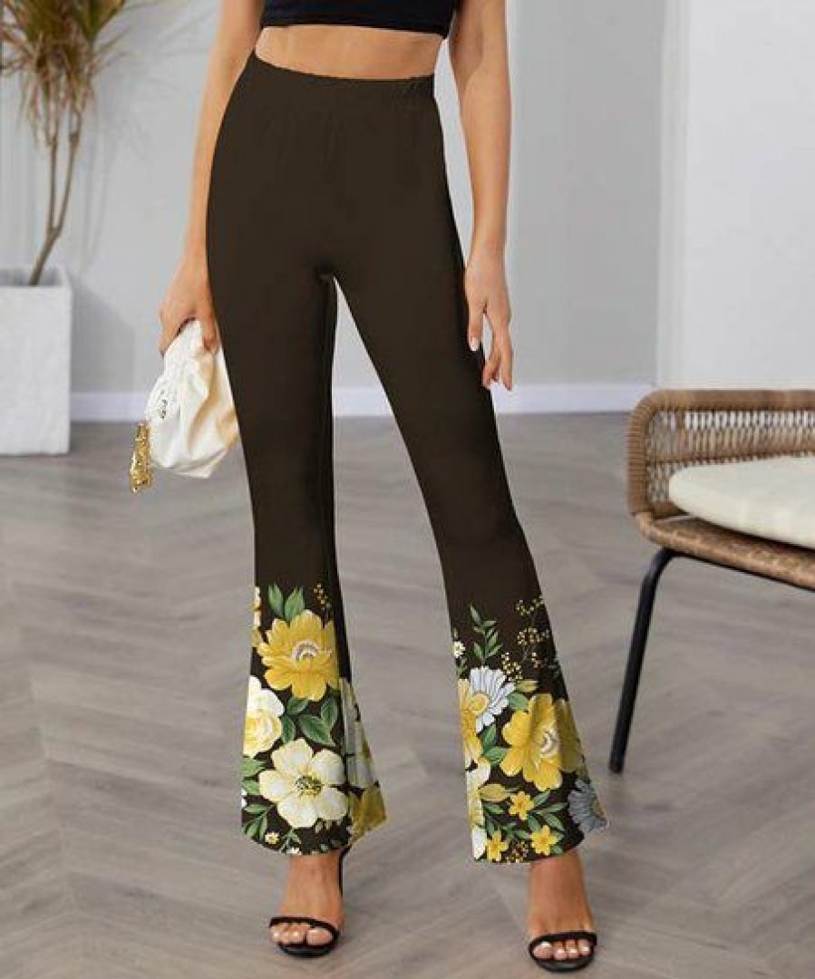 Women * | New Izuria Coffee & Yellow Floral Flare Pants Women