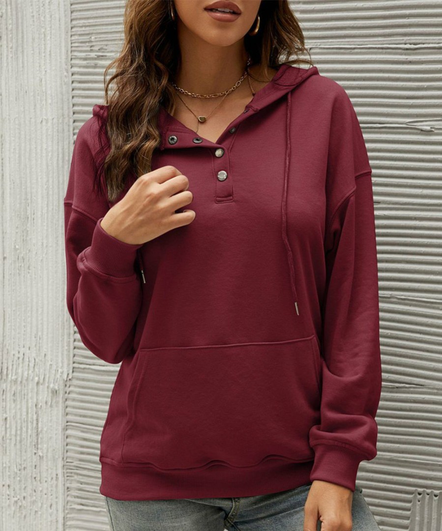 Womens Plus * | Discount Izuria Wine Kangaroo-Pocket Snap-Button Hoodie Plus