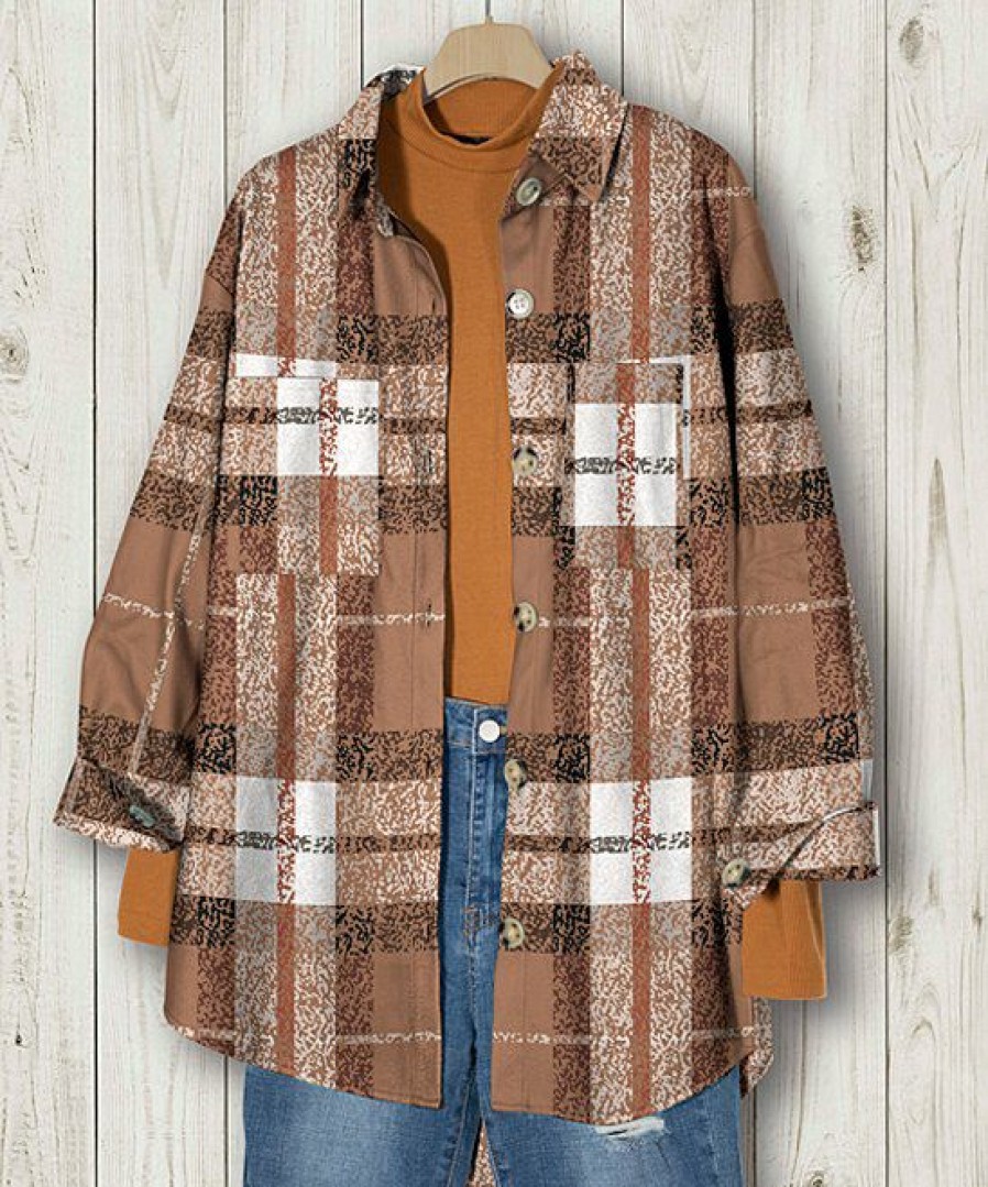 Women * | Hot Sale Izuria Mocha & White Plaid Chest-Pocket Shacket Plus