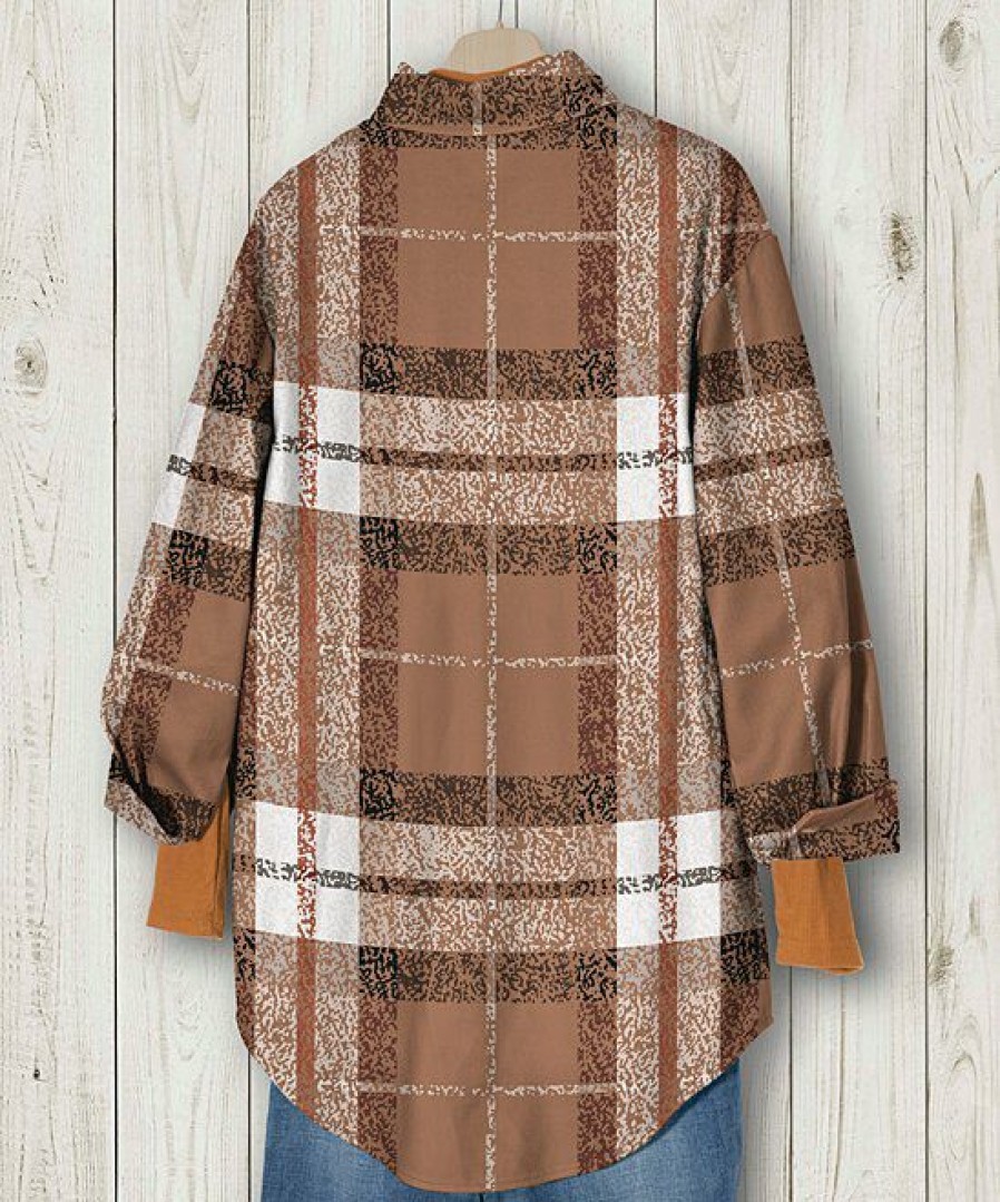 Women * | Hot Sale Izuria Mocha & White Plaid Chest-Pocket Shacket Plus