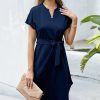 Womens Plus * | Flash Sale Izuria Navy Belted Short-Sleeve Notch Neck Shirt Dress Women & Plus