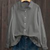 Women * | Top 10 Izuria Gray Ruffle-Accent Linen-Blend Button-Up Women & Plus