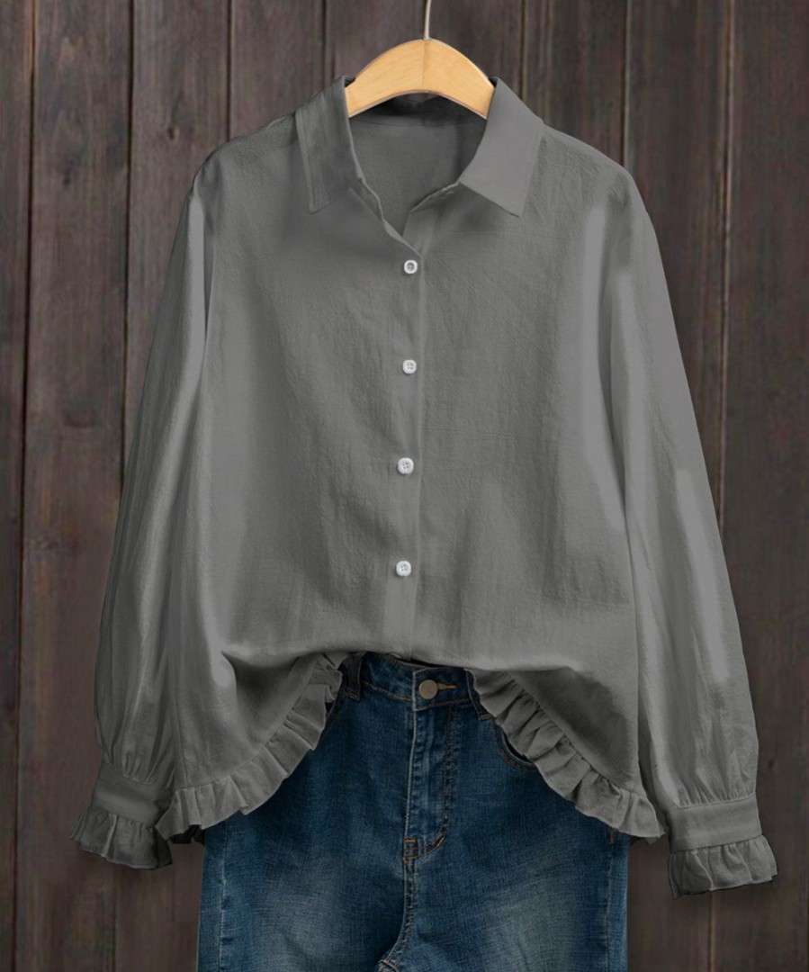 Women * | Top 10 Izuria Gray Ruffle-Accent Linen-Blend Button-Up Women & Plus