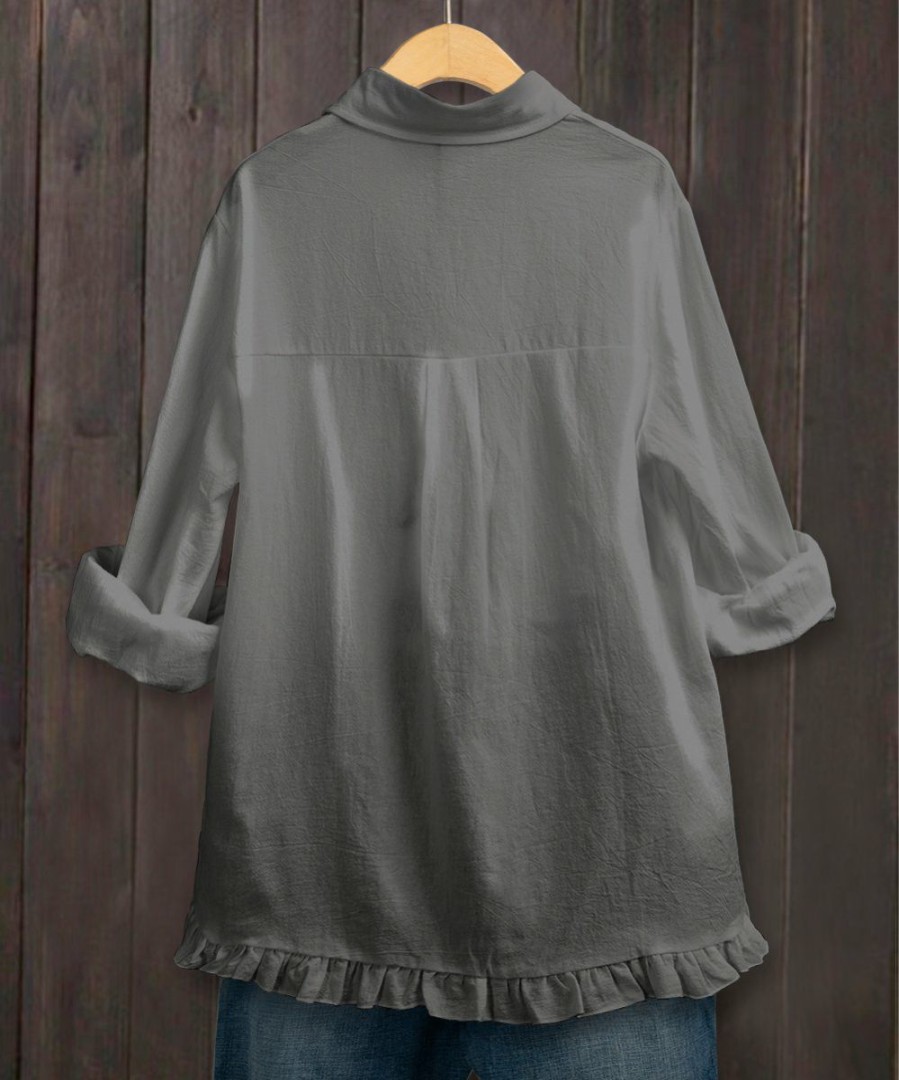 Women * | Top 10 Izuria Gray Ruffle-Accent Linen-Blend Button-Up Women & Plus