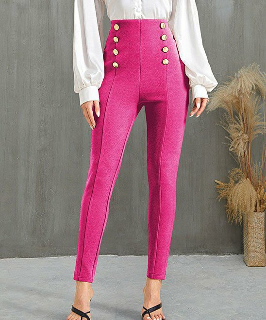 Women * | Discount Izuria Fuchsia Button-Accent Elastic-Waist Crop Skinny Pants Women