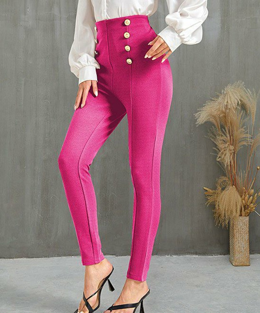 Women * | Discount Izuria Fuchsia Button-Accent Elastic-Waist Crop Skinny Pants Women