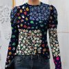 Women * | Best Deal Izuria Navy & Blue Floral Mutton-Sleeve Crewneck Top Plus