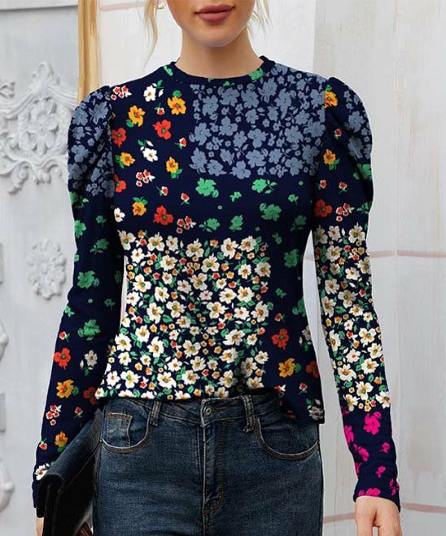 Women * | Best Deal Izuria Navy & Blue Floral Mutton-Sleeve Crewneck Top Plus