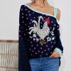 Women * | Hot Sale Izuria Navy & White Rooster Polka Dot Waffle-Knit Contrast Off-Shoulder Tunic Women