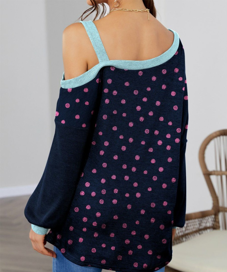 Women * | Hot Sale Izuria Navy & White Rooster Polka Dot Waffle-Knit Contrast Off-Shoulder Tunic Women